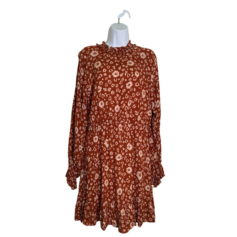 Altar'd State Floral High Neck Mini Dress Long Sleeve Size LARGE Brown Off White